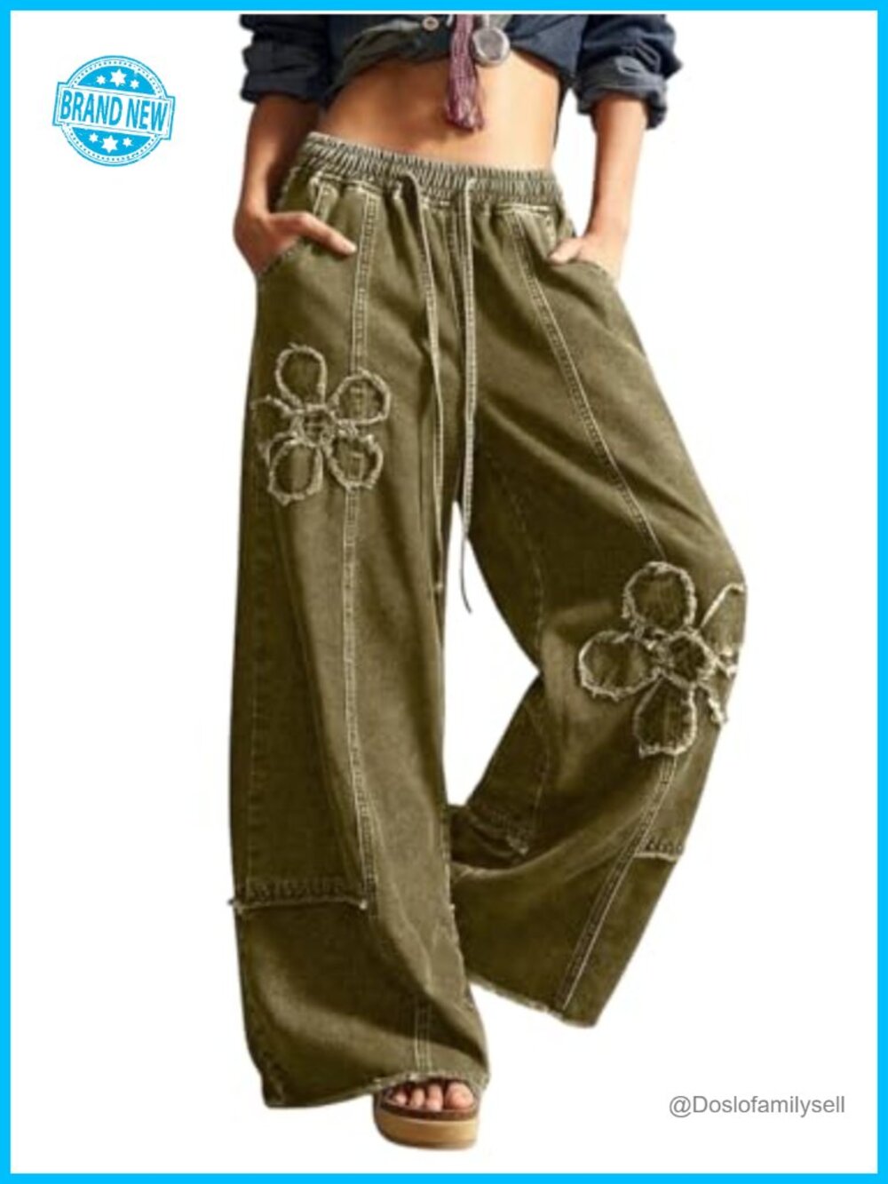 Women's Wide Leg Floral Patchwork Jeans Fringe Baggy Denim Culottes